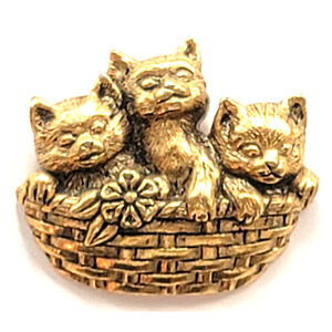 Three Kittens in Woven Basket Flower Pin Gold Tone Figural Cat Animal Jewelry